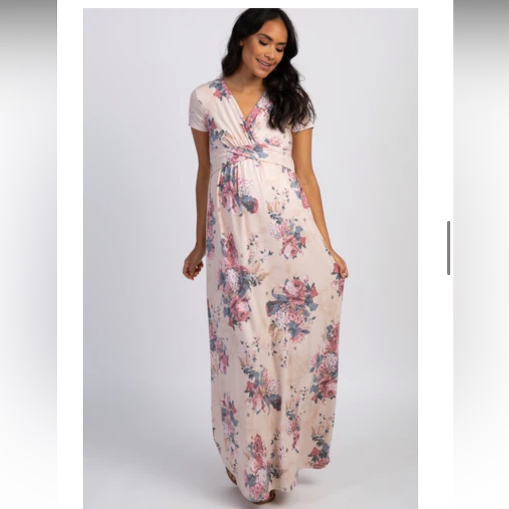 PinkBlush Taupe Faded Floral Draped Front Maternity Maxi Dress